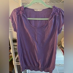 Purple women’s t-shirt with embellishments on sleeves and elastic waist